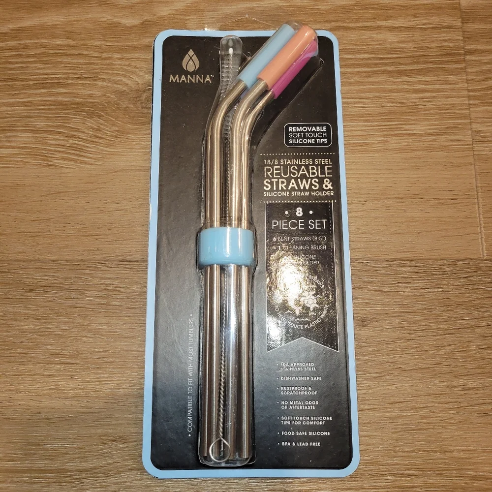 MANNA 18/8 Stainless Steel Reusable Straws & Silicone Straw Holder 8 Piece Set